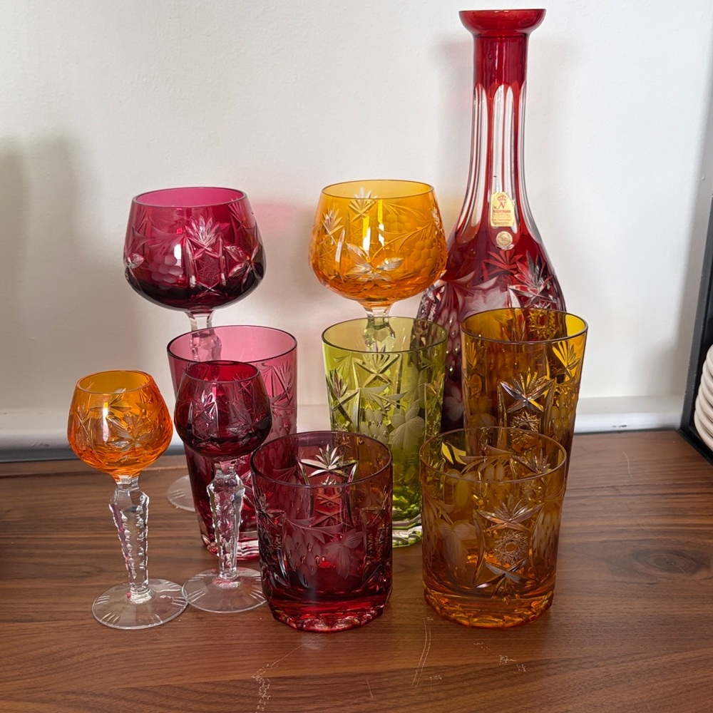 Multicolor Cut Crystal Decanter and Glass Set - Assorted Colors